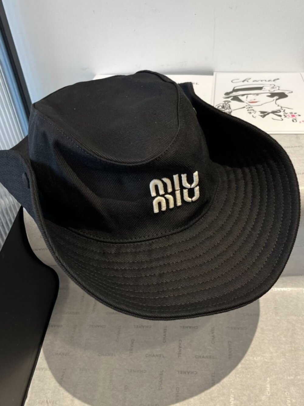 Miu‑Miu Black Wide‑Brim Bucket Sun Hat